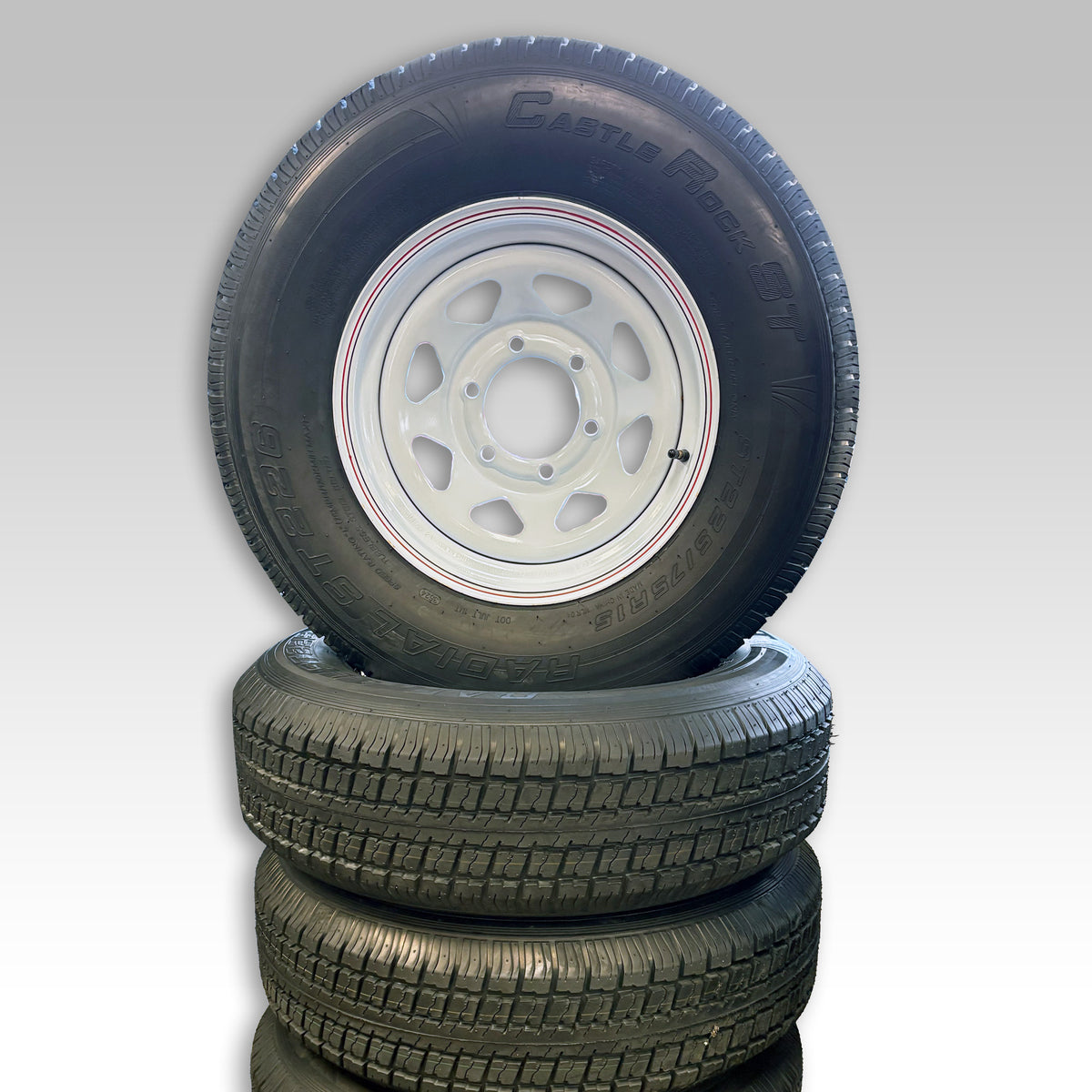 ST225/75R15 Rim & Tire, 8 Ply, White, 6 on 5.5, LRD