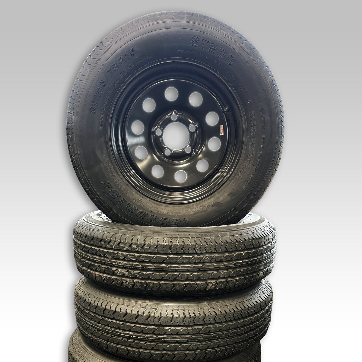 ST225/75R15 Rim & Tire, 8 Ply, Black, 5 on 4.5, LRD