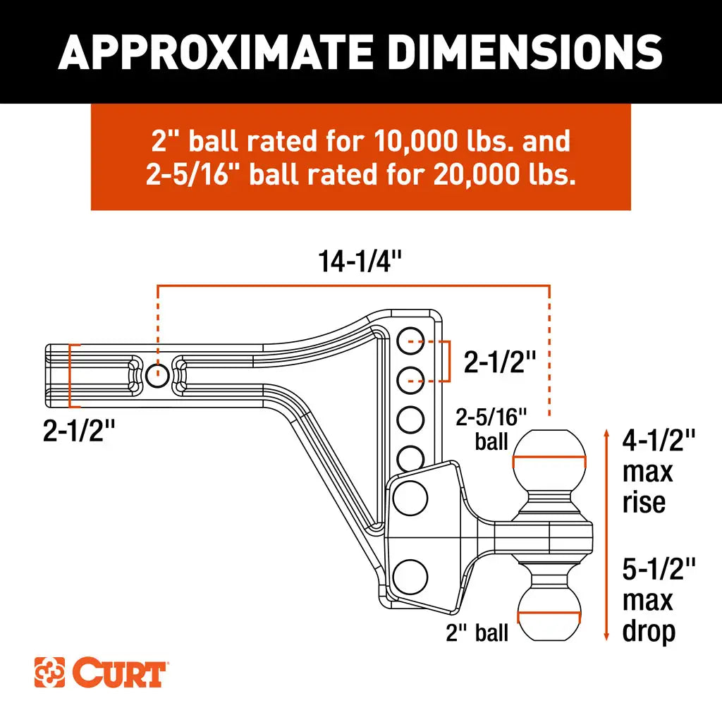 HD Adjustable Trailer Hitch Ball Mount with Dual Ball, 2-1/2" Shank, 20K
