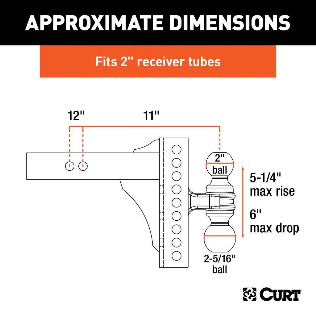 Support de canal réglable avec double boule (tige de 2", 14 000 lb, chute de 6")