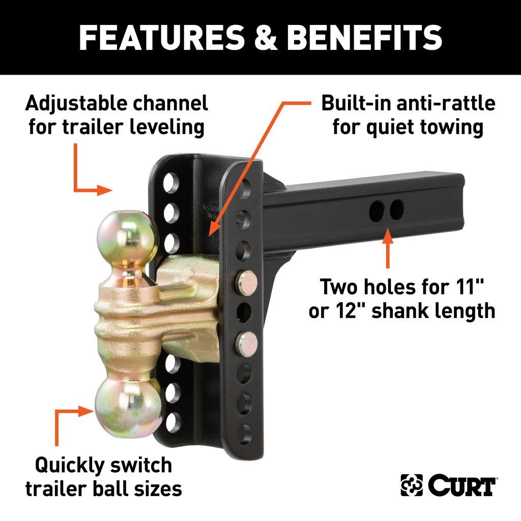 Support de canal réglable avec double boule (tige de 2", 14 000 lb, chute de 6")