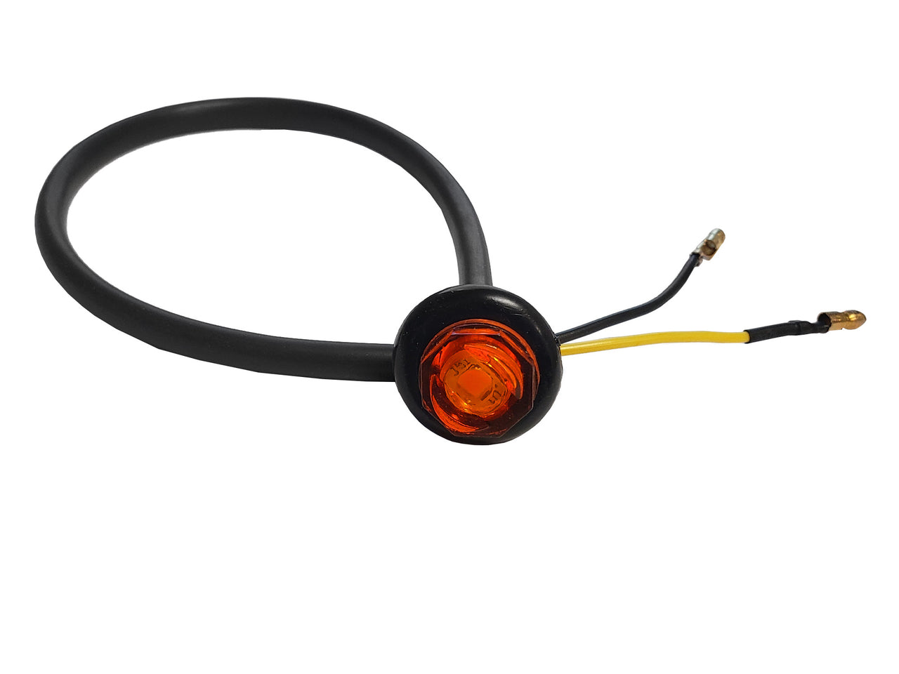 3/4" Round Amber / Orange clearance bullet light with grommet. 6" of black wire protector over 8" of wire. 1 Black, one yellow wire.