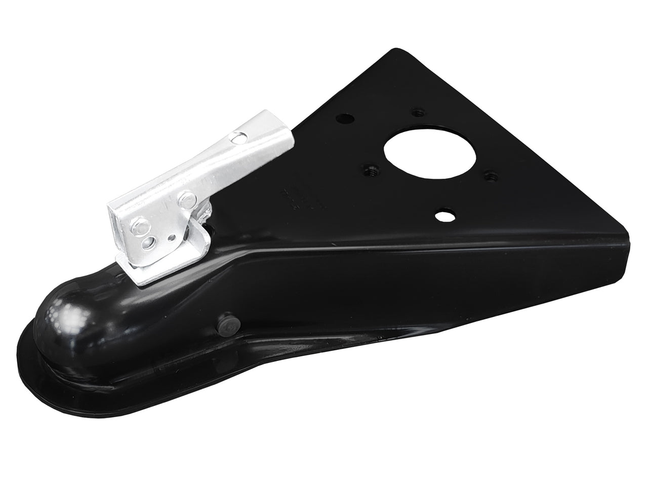 Black painted steel trailer coupler with silver latch on top