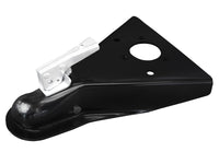 Thumbnail for Black painted steel trailer coupler with silver latch on top